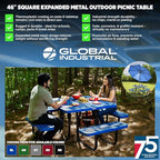 Global Industrial 46" Square Picnic Table, Expanded Metal, Red Thermoplastic Coating, Attached Benches, 1-1/2” Umbrella Pole Hole, Outdoor-Rated, 1000 lb Capacity