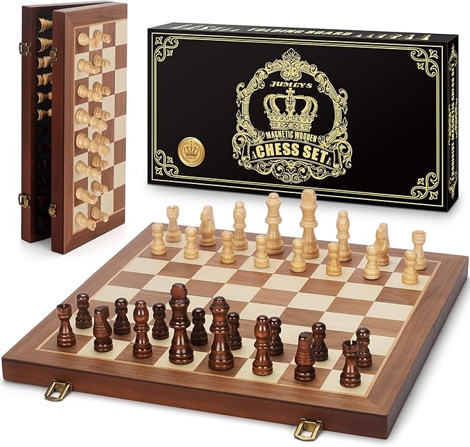 Magnetic Wooden Chess Set, 15" Folding Chess Board with 2 Extra Queens, Portable Travel Chess Set with Pieces Storage Slots, Beginner Chess Board Game for Adults & Kids