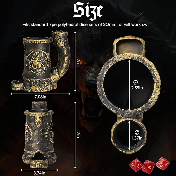 Mug Dice Tower - Dice Rolling Tower,(7PCS D20 Dice Set Included) for DND Gift and Dungeons and Dragon, Tabletop Games, Drink Holder, Tavern Style Board Game Roller (Gold)