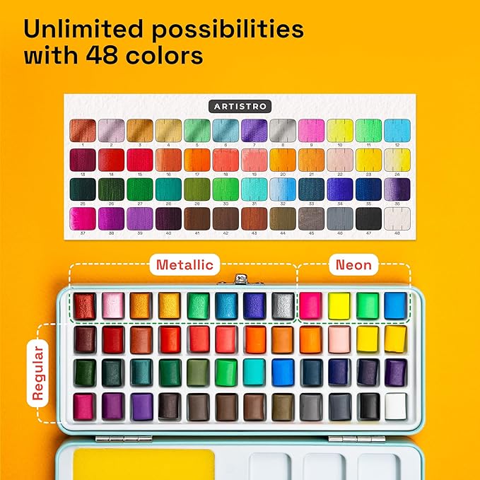 ARTISTRO Watercolor Paint Set Portable, Palette Set with Metallic Colors for Workbooks - Mini Travel Painting Kit for Artists, Professionals, Adults, Kids, Girls&Boys - Art Supplies, Christmas Gift
