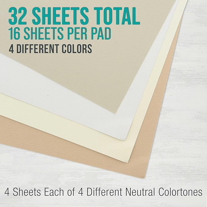 U.S. Art Supply 9" x 12" Pastel Paper Pad: 2 Pack (32 Sheet Total), 80lb (180gsm), 4 Neutral Toned Colors, Textured Hard or Soft Oil Pastel Paper, Drawing Sketchbook Pad, Mixed Media
