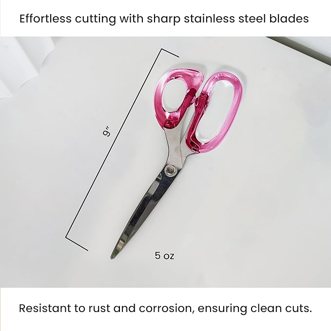 OfficeGoods 9” Stainless Steel Acrylic Scissors for Office and Home - Aesthetic and Sharp All Purpose Scissors, Perfect for Sewing, Arts and Crafts - Pink Silver Metal