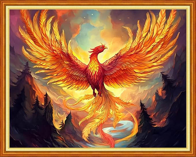 Redxing Stamped Cross Stitch Kits Full Range of Embroidery Starter Kits- Needlepoint Counted Cross Stitch Kits for Beginner Adults 11CT Printed Embroidery Kit-Fire Phoenix Mountains Rivers 16x20 inch