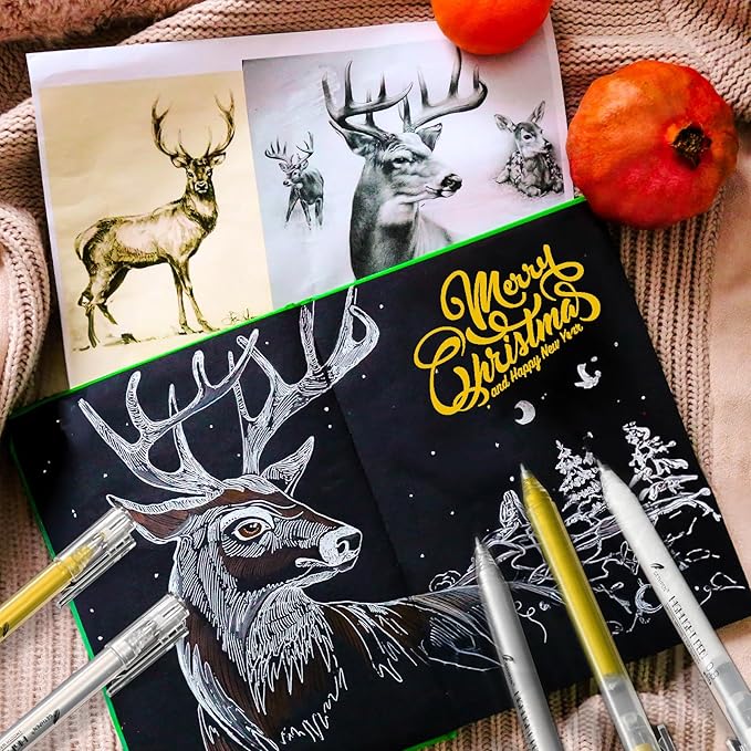 0.8mm Gold Gel Pens 3-Pack – Extra Fine Point Opaque Ink for Black Paper Drawing, Sketching, Bullet Journaling & Holiday Card Design