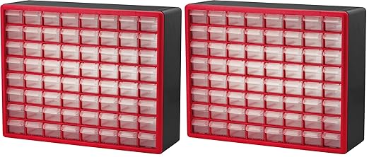 Akro-Mils 64-Drawer Plastic Drawer Storage Cabinet for Garage Organization, Bead Organizer, Building Bricks Storage, Teacher Toolbox, Makeup Organizer, 20-Inch W x 6-Inch D x 16-Inch H, 10164 Red