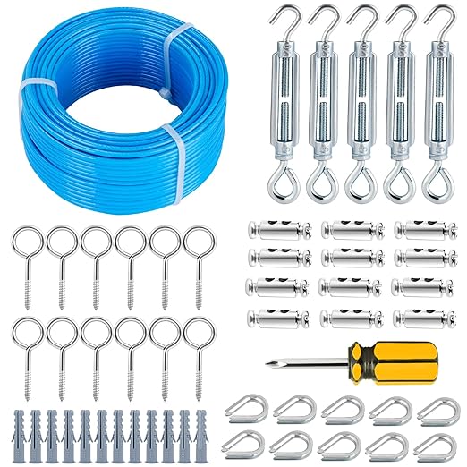 Turnbuckles for Cables Wire, 1/8" X 100Ft Blue PVC Coated Wire Rope Kit, Multi-use Steel Cable for Grape Vines/Clothes Line Outdoors for T Post/String Light Hanging/Garden Wire