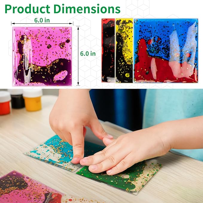 LONGKING 8-Pack Liquid Tiles for Kids, Soft Gel Liquid Sensory Toys for Autistic Children, Sensory Mats, Sensory Toys for Toddlers 3-4