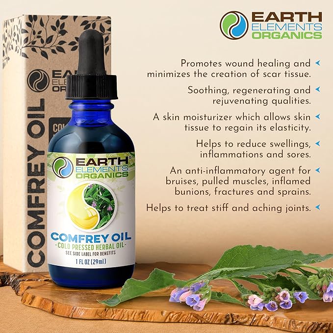 Comfrey Oil Raw with Sunflower Oil, Infused, Pressed Herbal Remedy, Support for Bruises, Sore Muscles, and Healthy Skin, Organic Skincare for All Skin Types - 1 fl oz