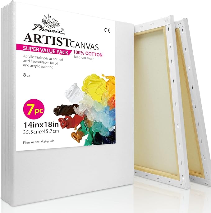 PHOENIX Large Stretched Canvas for Painting 14x18 Inch/7 Value Pack, 8 Oz Triple Primed 5/8 Inch Profile 100% Cotton White Blank Canvas, Large Framed Canvas for Oil Acrylic & Pouring Art