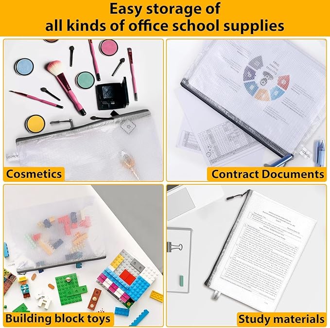 24pcs A4 Mesh Zipper Pouch File Bags, 12pcs Large A3 and 12pcs Letter A4,Black Reusable Zipper Bags for Organizing Storage, Waterproof Puzzle Bag, Board Game Storage and School Office Supplies