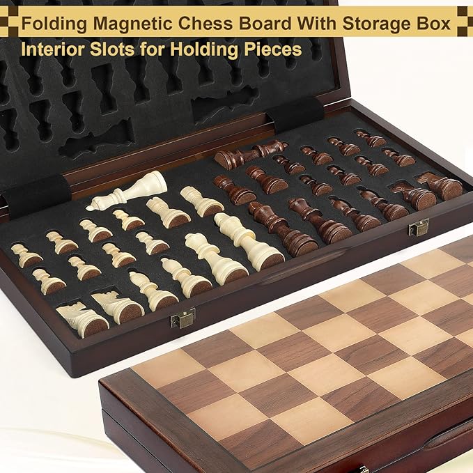 Magnetic Wooden Chess Set for Adults Kids 17'' Chess Board with Handmade Pieces, Folding Portable Travel Unique Chess Sets Game for Tournament Professional Beginner