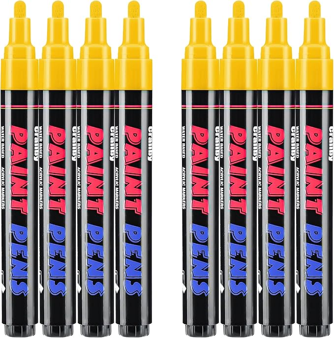Yellow Paint Pens Paint Markers - 8 Pack Permanent Quick Dry Waterproof Marker Pens for Rocks Wood Fabric Plastic Canvas Glass Mugs Metal Tire Stone