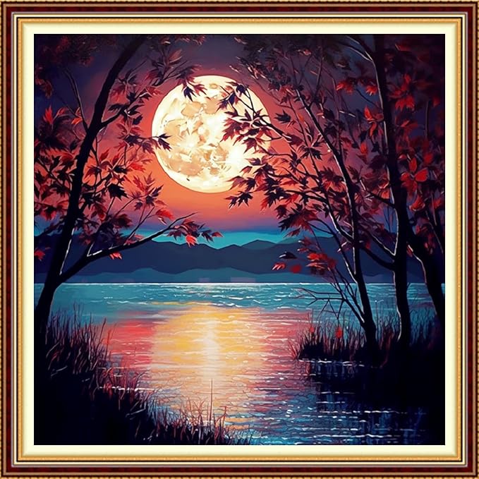 Funchey Stamped Cross Stitch Kits, DIY Cross Stitch Pattern for Adults Beginners Needlepoint Kits Embroidery Kit Arts and Crafts 11CT-Moonlight by The Lake 18x18 inch