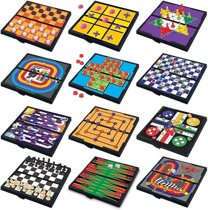 Gamie Magnetic Board Travel Games for Kids, Set Includes 12 Retro Fun Games - 5" Compact Design - Individually Boxed - Teaches Strategy & Focus, Great for Road Trip/Travel/Camping, Gift for Ages 6+