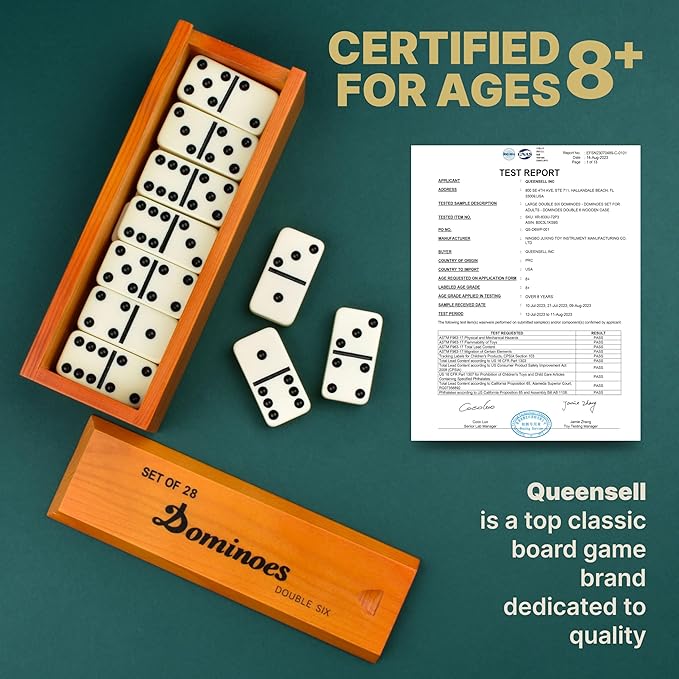 Queensell Jumbo Dominoes Set for Adults and Kids – Domino Set for Classic Board Games – Jumbo Dominoes Double 6 for Travel Games – Dominos Set for Adults 28 Tiles