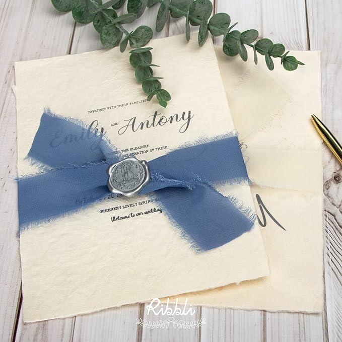 Ribbli Dusty Blue Chiffon Ribbon 1-1/2 inch x 20 Yard Handmade Fringe Chiffon Silk Ribbon for Wedding Invitations, Bridal Bouquets Wrapping, Flower Arrangement Decoration