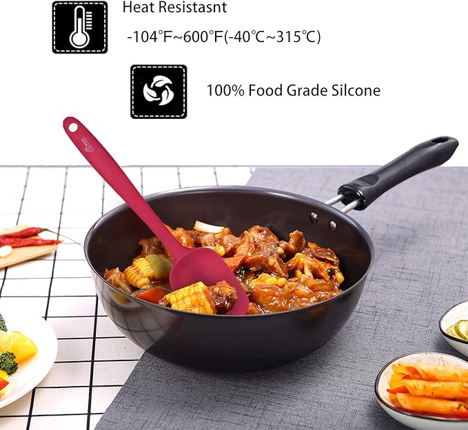 HOTEC Heat Resistant 600℉ BPA-Free Silicone Rubber Spatula Set, Kithchen Cooking Spatulas, Baking, Mixing, for Non Stick Cookware, Dishwasher Safe, Red Set of 5