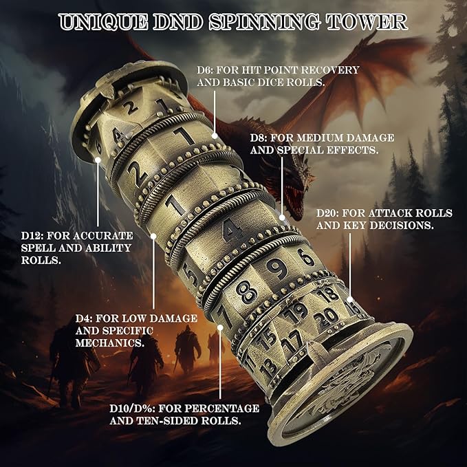 DND Dice Spinner Tower Set - Unique D4 D6 D8 D10 D10% D12 D20 All in One D&D Metal Dice - Cool Role Playing Gifts for Dungeons and Dragons TRPG MTG Games Lover Player (Tower-Ancient Bronze)