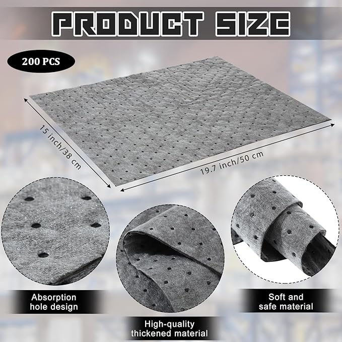 Hoolerry Oil Absorbent Pads Weight Dimpled Pad Garage Accessories Water Absorbent Mat Oil Spill Mat for Absorbing Protecting Home Garage Basement(15 x 19.7 Inch,Gray,200 Pcs)