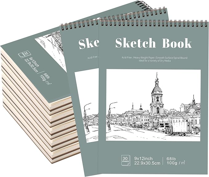 12 Pack Sketch Book, 9 x 12 Inch Sketchbook, 68lb/100gsm Top Spiral Bound Sketch Pad, Acid Free Art Supplies Drawing Painting Sketching Paper for Kids, Adults, Beginners, Artists (30 Sheets Each)