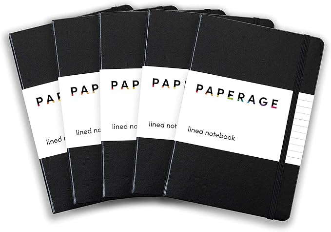 PAPERAGE Lined Journal Notebook, 5 Pack, (Black), 160 Pages, Medium 5.6 in x 8 in - 100 GSM Thick Paper – Hardcover Journaling Notebook for Work, School & Note Taking