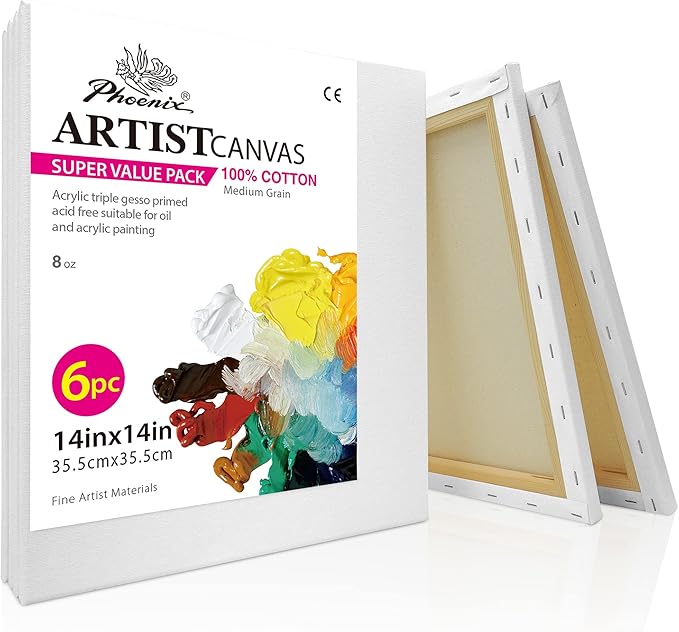 PHOENIX Stretched Canvas for Painting 14x14 Inch/6 Value Pack, 8 Oz Triple Primed 5/8 Inch Profile 100% Cotton White Blank Canvas, Square Framed Canvas for Oil Acrylic & Pouring Art