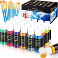 Acrylic Paint Set With 12 Brushes, 24 Colors (59ml, 2oz) Art Craft Paints for Adults Artists Beginners Painters, Canvas Halloween Pumpkin Ceramic Wood Rock Painting Art Supplies (Metallic)
