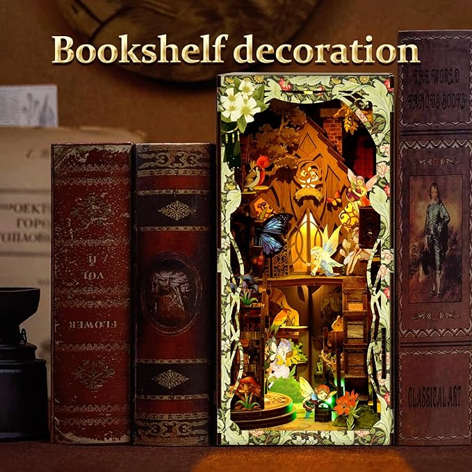 Book Nook Kit for Adult - THRIVINGIVAN Miniature Model Build Dollhouse Kit 3D Wooden Puzzle with Sensor Led Light for Bookshelf Bookend Insert Decor Adults Teen Crafts(Spirit)