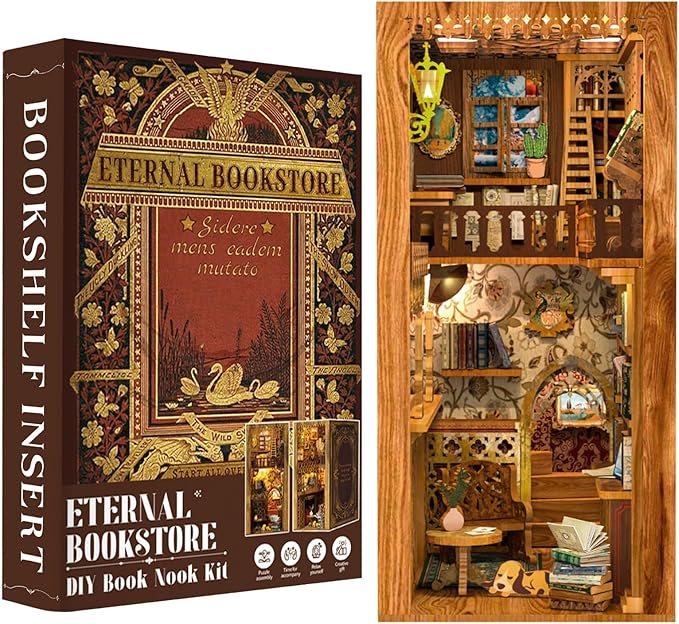 Fsolis Book Nook Kit DIY Miniature House Kit, 3D Wooden Puzzles for Adults, 172 Pieces, Booknook Craft Diorama Bookshelf Insert and Bookends, Gifts for Women Book Lovers(Eternal Bookstore)
