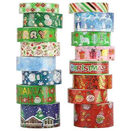 16 Rolls Christmas Washi Tape Holiday Masking Tape Red Green Christmas Wrapping Tape Glod Silver Foil Decorative Tape for Christmas Scrapbook Journal DIY Craft Gift Wrapping（Xmas