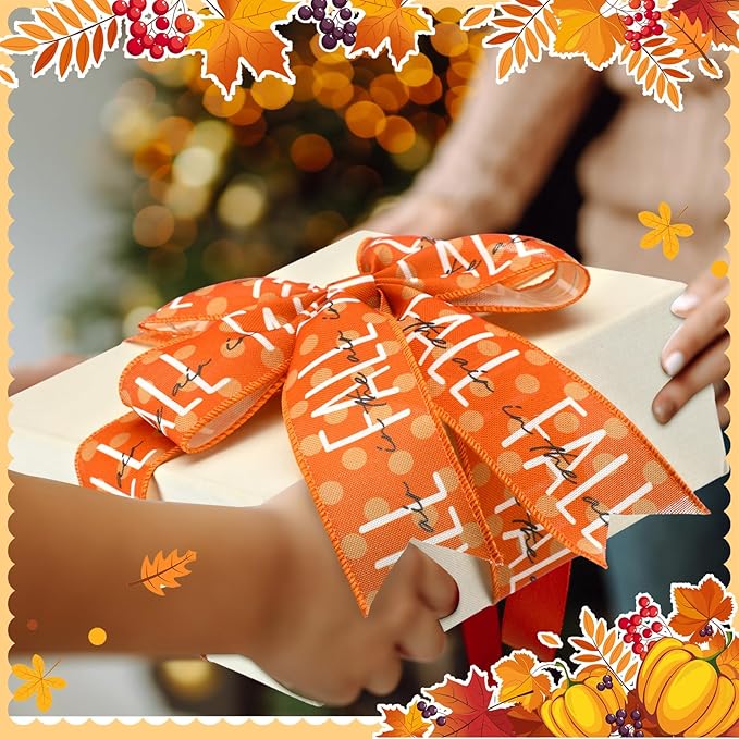 12 Rolls Fall Wired Edge Ribbon for Wreaths 2 Inch x 60 Yards Maple Leaves Pumpkin Burlap Ribbon Thanksgiving Plaid Crafts for Autumn Harvest Party Decoration Supplies, 12 Styles
