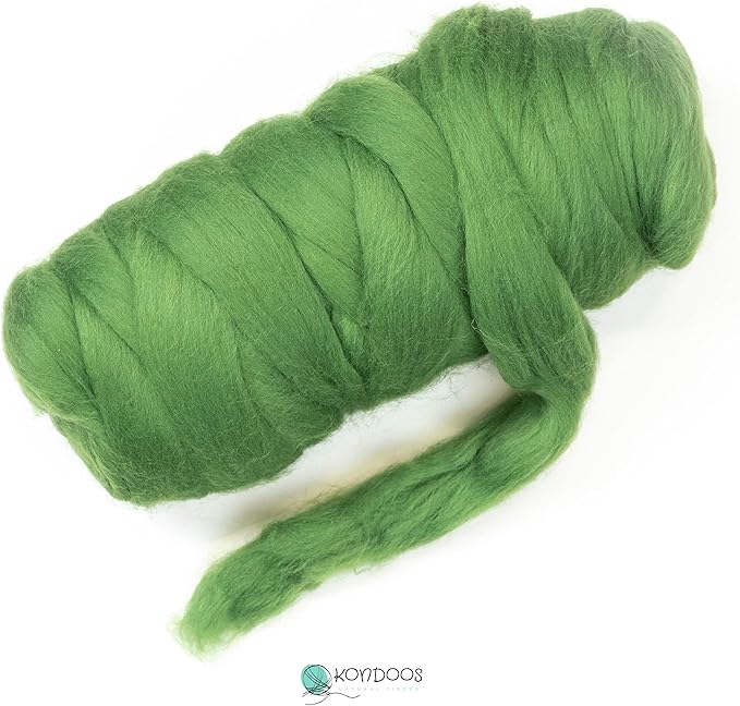 Kondoos Colored Natural wool roving, 1 lb. Best wool for needle felting, wet felting, handcrafts and spinning. (Grass green, 1 lb)