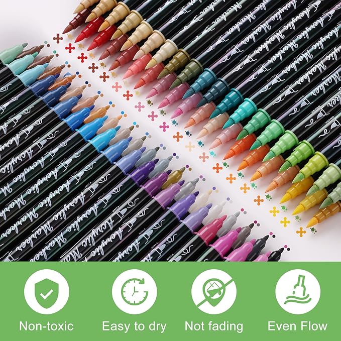 80 Colors Acrylic Paint Markers, Waterproof Dual Tip Acrylic Paint Pens with Brush and Fine Tip, Markers Set for Paper, Rock, Wood, Canvas, Glass, Ceramic and DIY Crafts Making Art Supplies