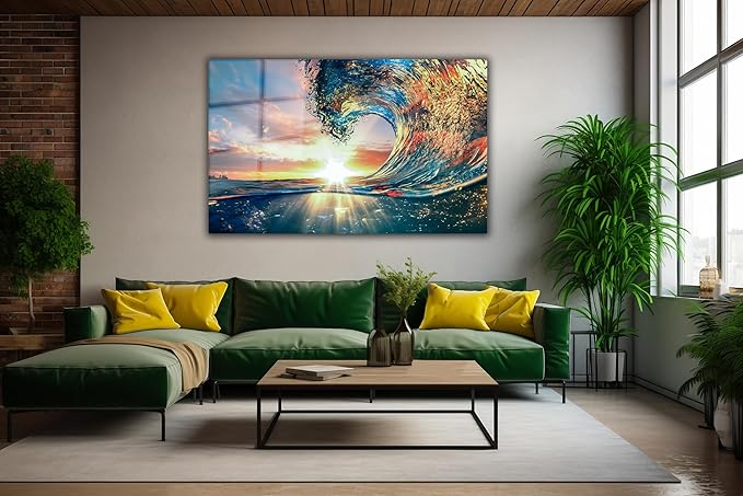 SpiritualHands Shining Sun and Waves Printed Tempered Glass Wall Art Painting for Living Room, Tempered Glass Modern Prints Decor, Large Vivid Color Panel for Bedroom, Kitchen, or Office
