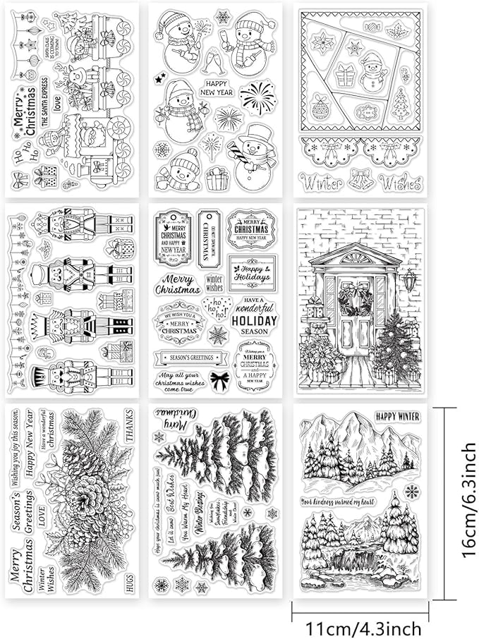 ORIGACH 9 Sheets Different Style Winter Christmas Clear Stamps Silicone Transparent Stamps for Card Making Decoration and DIY Scrapbooking