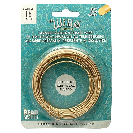 The Beadsmith Wire Elements Craft Wire – Tarnish Resistant, Soft Temper, Round, Gold Color – 1.3mm, 16 Gauge, 15 Foot Spool – Jewelry Making, Wire Wrapping, Floral, & Other DIY Crafts