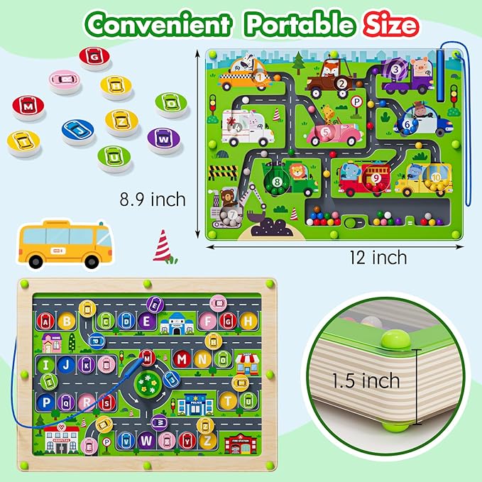Magnetic Maze 2 in 1 Double Side Color and Number Maze Alphabet Puzzle Board for 3-5 Boys and Girls Kids Montessori Educational Toys (Car, One Size)