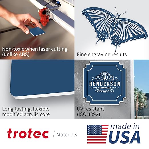 Trotec TroLase | 12"x24"x1/16", 4 Pcs | Blue/White | 2 Ply | Modified Acrylic | Laser Engraving Double Color Plastic Sheet | Engraving Blanks for Laser, Saw, Guillotine | Made in USA