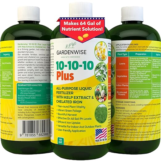 10-10-10 All Purpose Plant Food - Liquid Fertilizer with Seaweed Kelp & Iron - Indoor & Outdoor Plant Food, Vegetables, Flowers, Lawn & Garden 1x32oz
