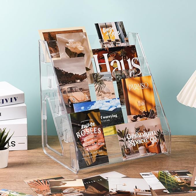 2 Pack Upgraded 5 Tier Acrylic Card Display Stand, Clear Display for Greeting Cards, Sports Cards, Postcards, Stickers & Brochures, Easy Snap-On, Increased Height & Thickness for Better Presentation
