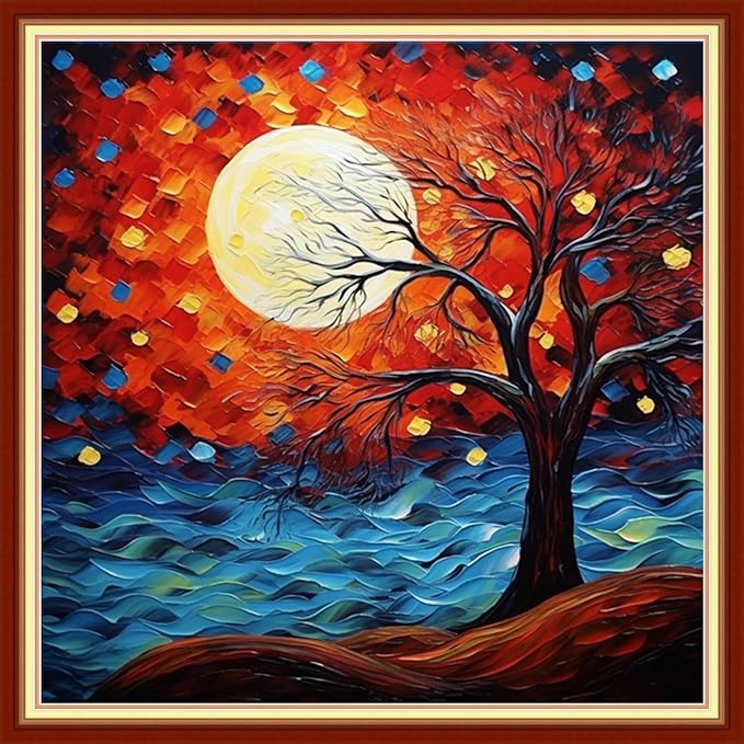 Dimxvean Stamped Cross Stitch Kits,Cross Stitch Kits for Adults Beginners,Embroidery Kits Full Range of Cross Stitch Stamped Kits Needlepoint Kits Cross Stitch Patterns-Moon Tree 18x18 inch