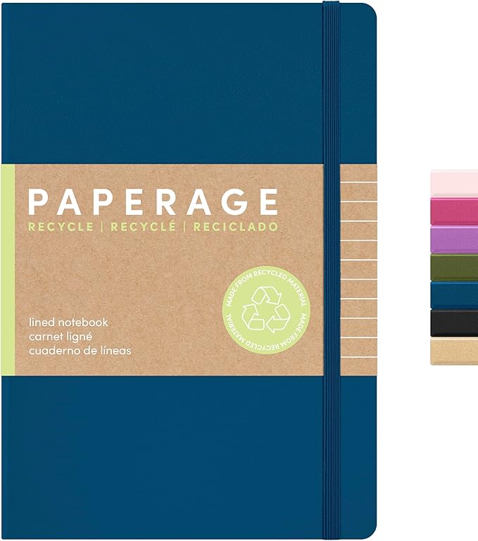 PAPERAGE Recycled Lined Journal Notebook, (Dark Blue), 160 Pages, Medium 5.6 in x 8 in - 100 GSM Thick Paper – College Ruled, Hardcover Journaling Notebook for Work, School & Note Taking