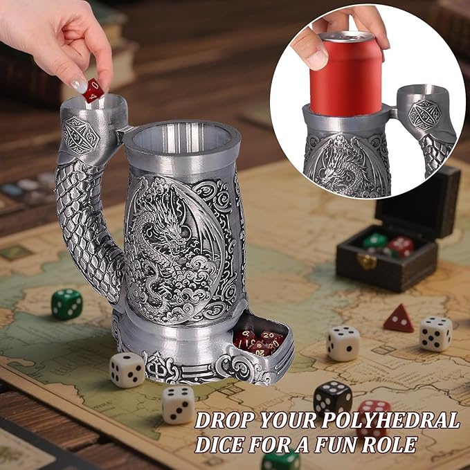 Dice Tower Mug, Dice Rolling Tower, Comes with 7 PCS Dice Set, Suitable for DND Dungeons and Dragons, Tabletop Games, Available As Drink Holder, D&D Gifts, DND Accessories (Silver-Dragon)