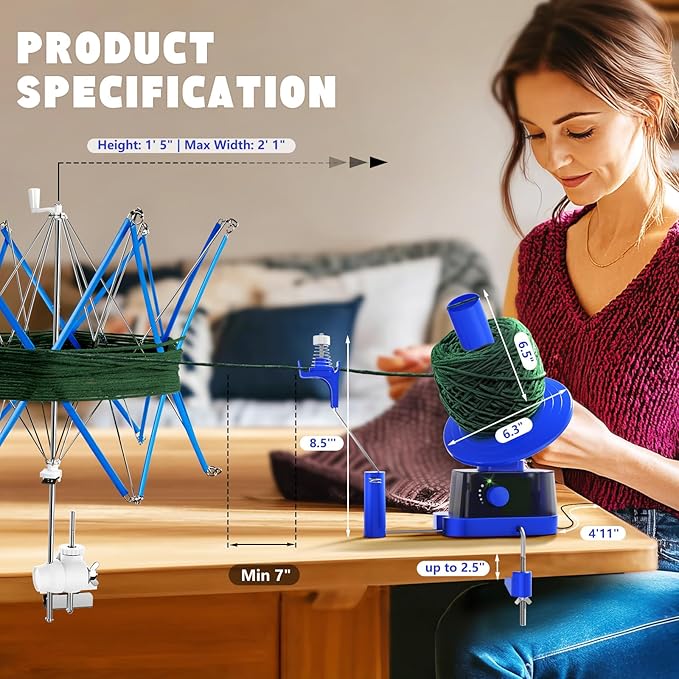 Yarn Winder and Swift, Electric Yarn Ball Winder & Swift Combo for Crocheting, Efficiently Cake with Strong Tension Adjustable Speed Up to 13 oz, Yarn Spinner Wool for Knitting Enthusiast (Blue)
