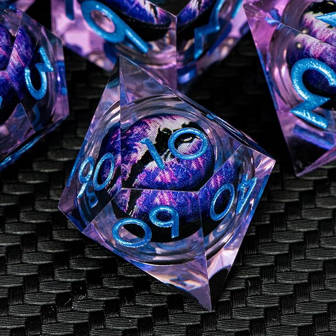 ARUOHHA DND Resin Dice Dragon Eye Dice Liquid Core Purple Sharp Edged Dice Set with Gift Box, Polyhedral D and D Dice Set Compatible with Dungeons Dragons Role Playing Game D20 D12 D10 D8 D6