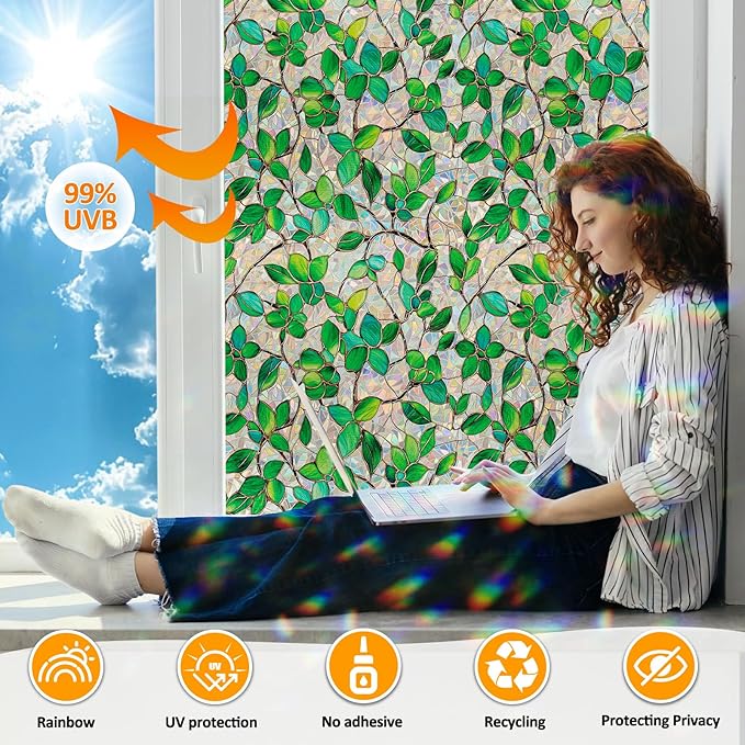 Window Privacy Film Stain Glass Window Film Rainbow Window Film Window clings Non-Adhesive Reusable Decorative for Room (Greenery Leaf, 45.2 x 78.7 in)