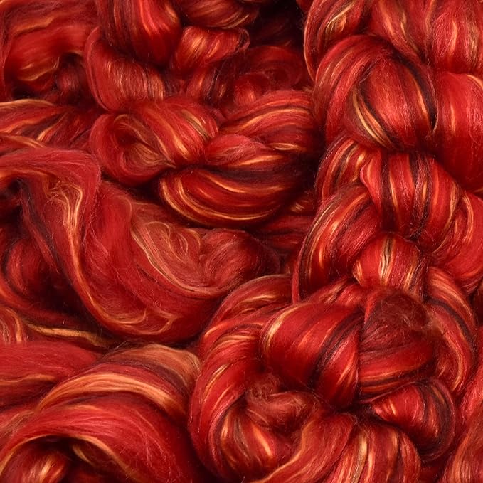 Merino Silk Luxe Tonal Designer Blend. Superfine Merino, Mulberry Silk, Tussah Silk. Top Roving for Spinning or Felting. Garnet Caress 4oz