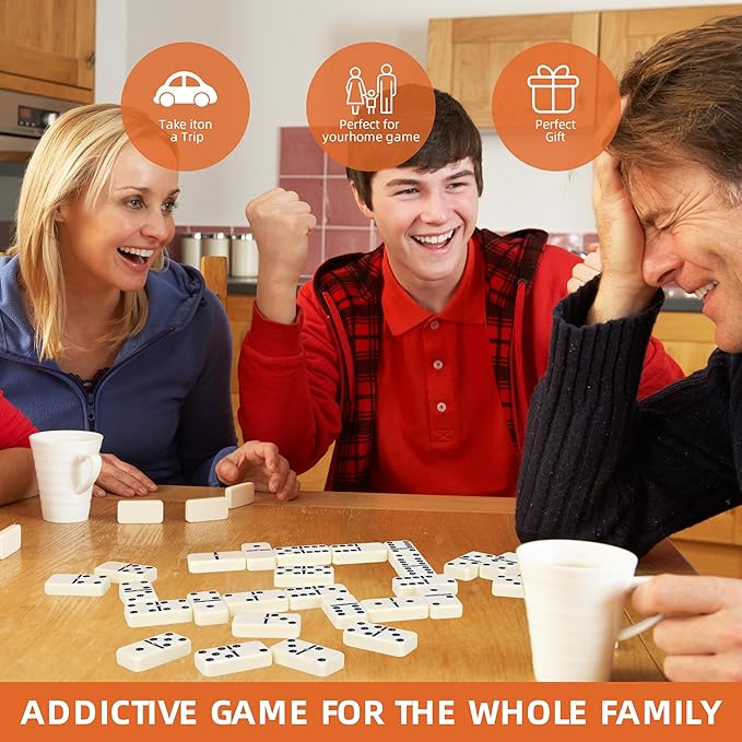 Smilejoy Dominos Set for Adults -Jumbo Size Dominoes Double Six Edition- Classic Board Games- Thick Size Double 6 Domino Set with Deluxe Brown Wood Box, 28 Tiles (2-4 Players)