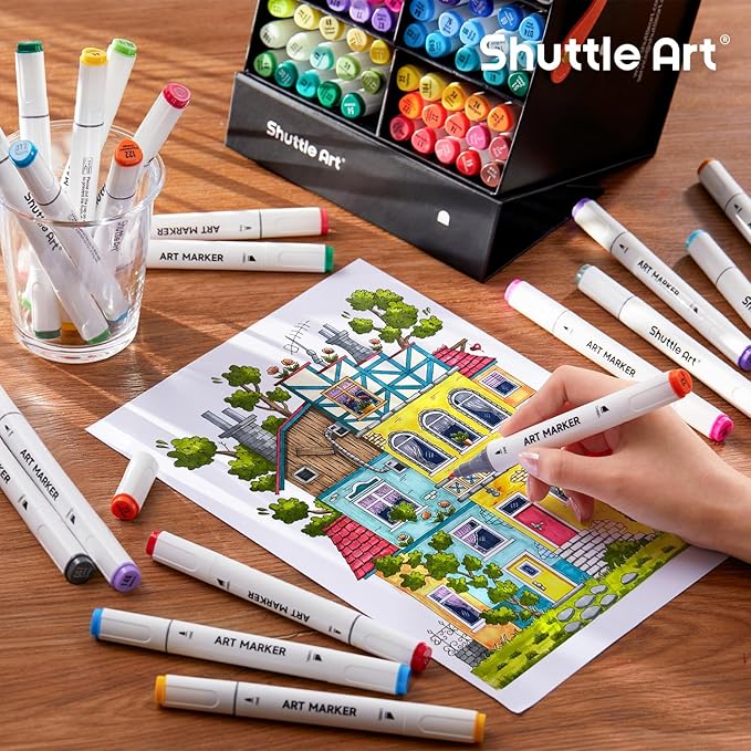 Shuttle Art 89 Colors Alcohol Markers, 88 Colors Dual Tip Art Marker Set Plus 1 Colorless Blender with Marker Case Perfect for Illustration Students Adult Coloring Sketching