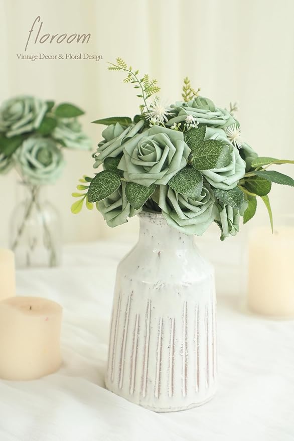 Floroom Artificial Flowers 25pcs Real Looking Emerald Green Ombre Colors Foam Fake Roses with Stems for DIY Wedding Bouquets Bridal Shower Centerpieces Sage Green Floral Arrangements Tables Decoration